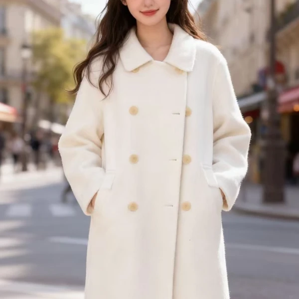 [25805]开心双排扣娃娃领长款后开叉秋冬甜美风保暖时尚羊毛大衣