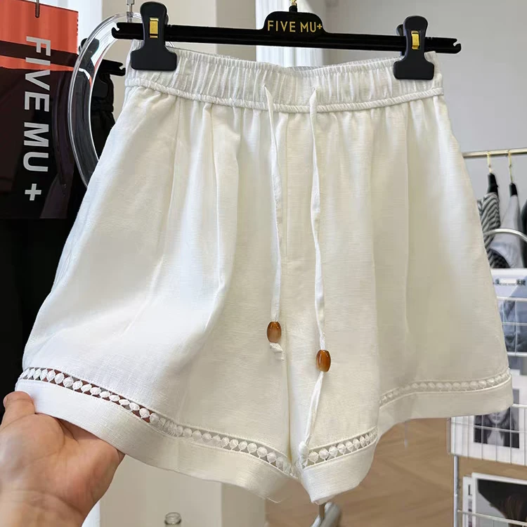 【张月月-运补6-8】亚麻女镂空蕾丝花边松紧腰夏季外穿百搭休闲裤