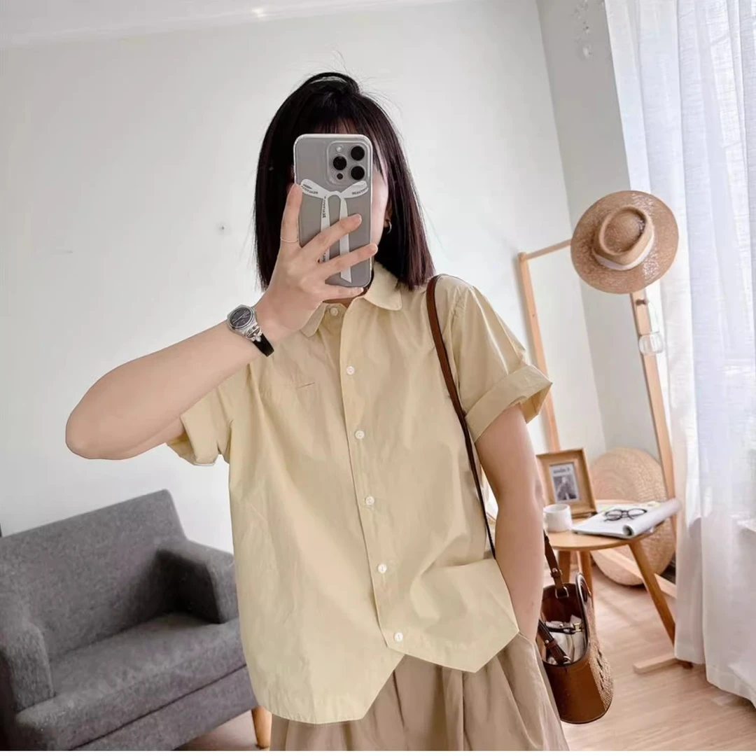 1123纯棉短袖衬衫女夏季新款设计感不规则衬衣小个子减龄休闲上衣