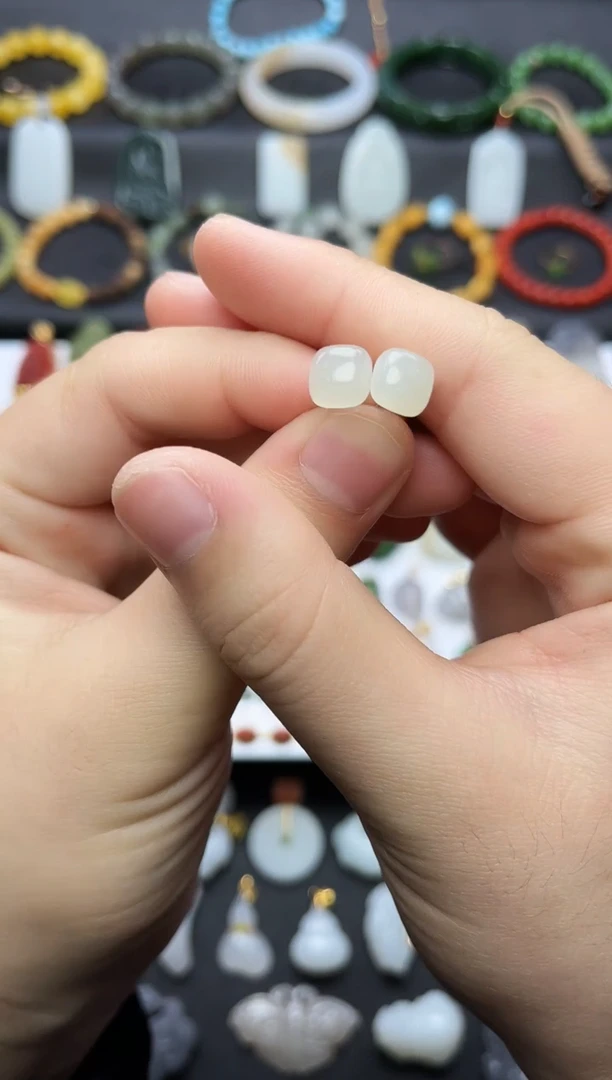 银S925镶嵌和田玉耳饰方糖耳钉06