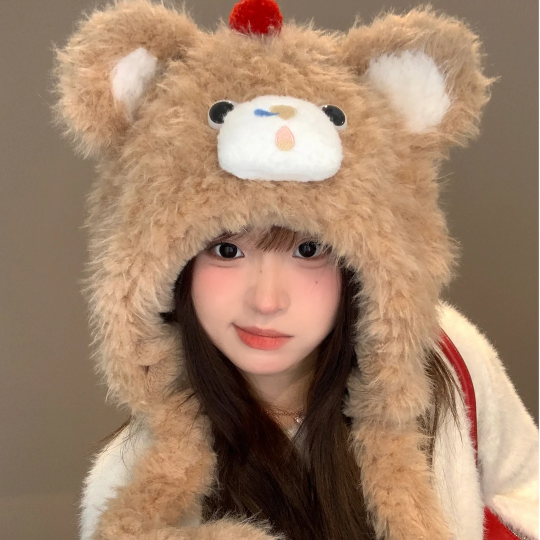 可爱樱桃小熊毛绒帽子女冬季2025新款加绒加厚保暖防寒护耳雷锋帽