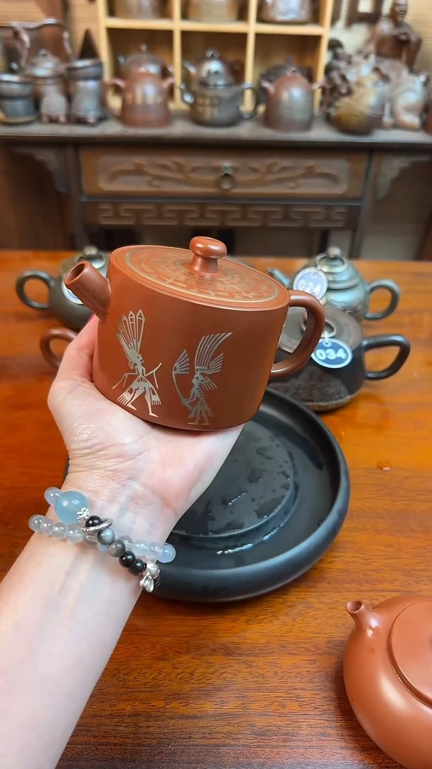 淡**茶坭兴陶烫银铜鼓纹汉瓦壶 微瑕