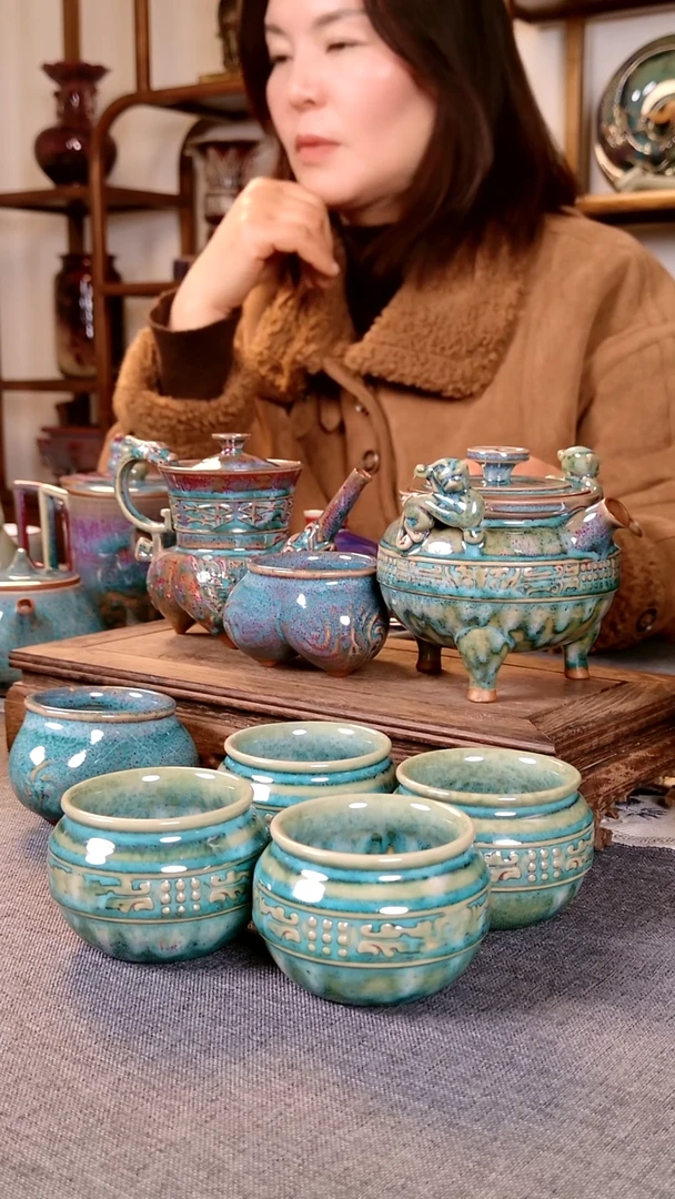 瓷片玉**笙虎贲壶仰韶壶套装 土魂钧瓷