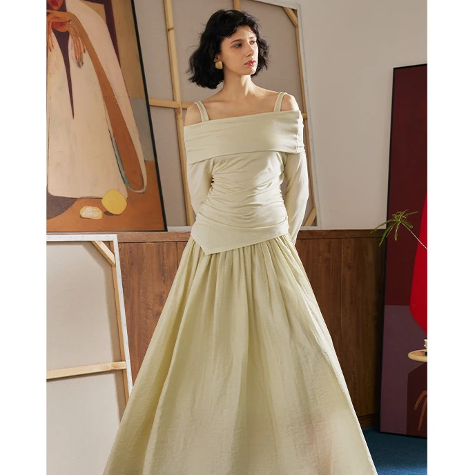 【AEL 原创】天丝堆叠领一字肩T恤套装裙女2025秋季新款连衣裙