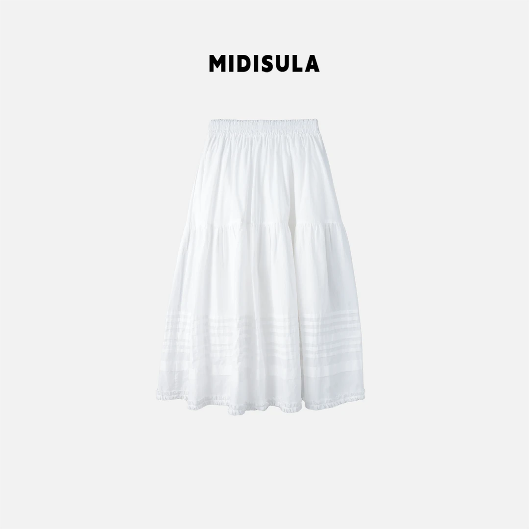 MDSL·薄款线条长裙淑女半身裙松紧腰女士A字高腰白色半裙#0691