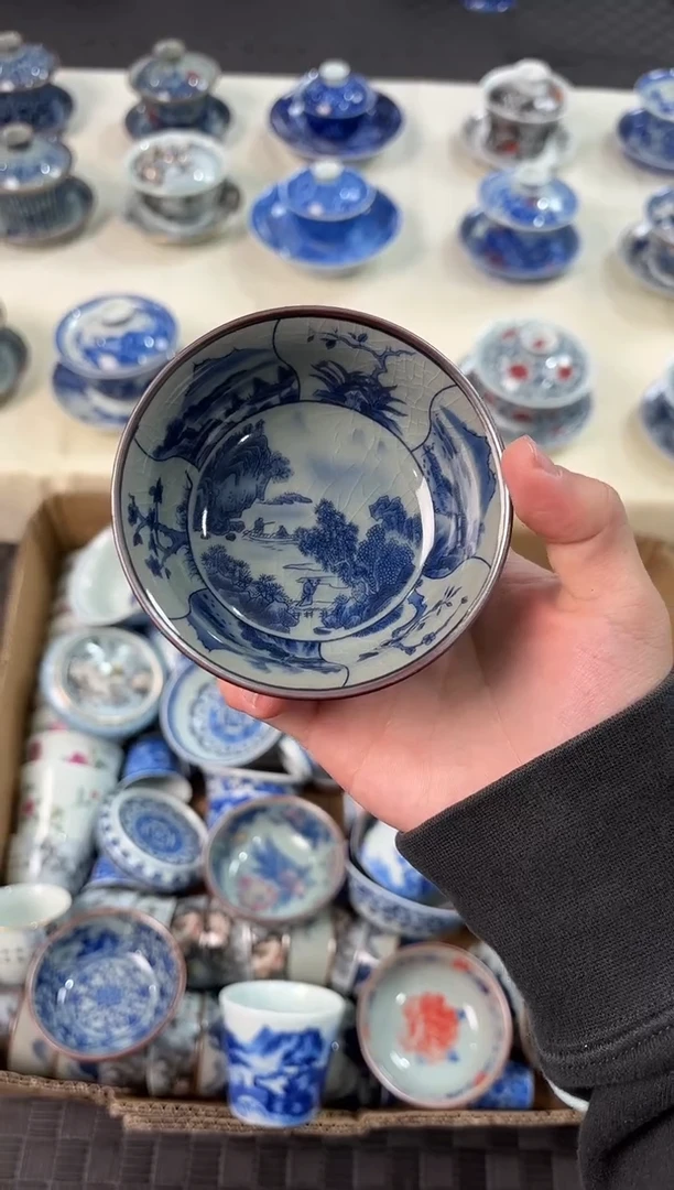 其他瓷景德镇陶瓷茶具老陶泥山水开窗普洱杯