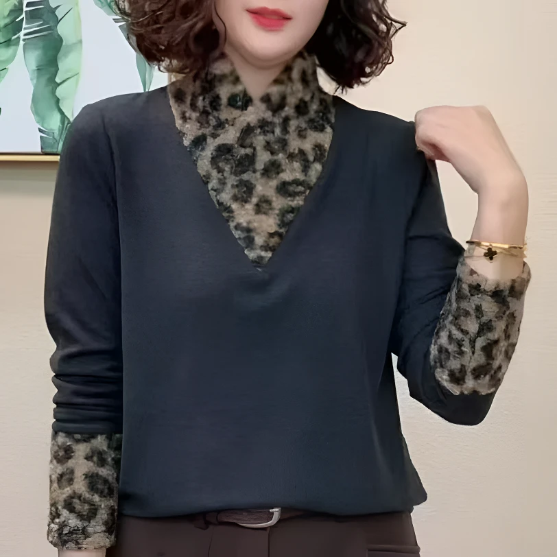2025冬季保暖豹纹拼接休闲卫衣女士百搭长袖小衫气质显瘦打底衫女