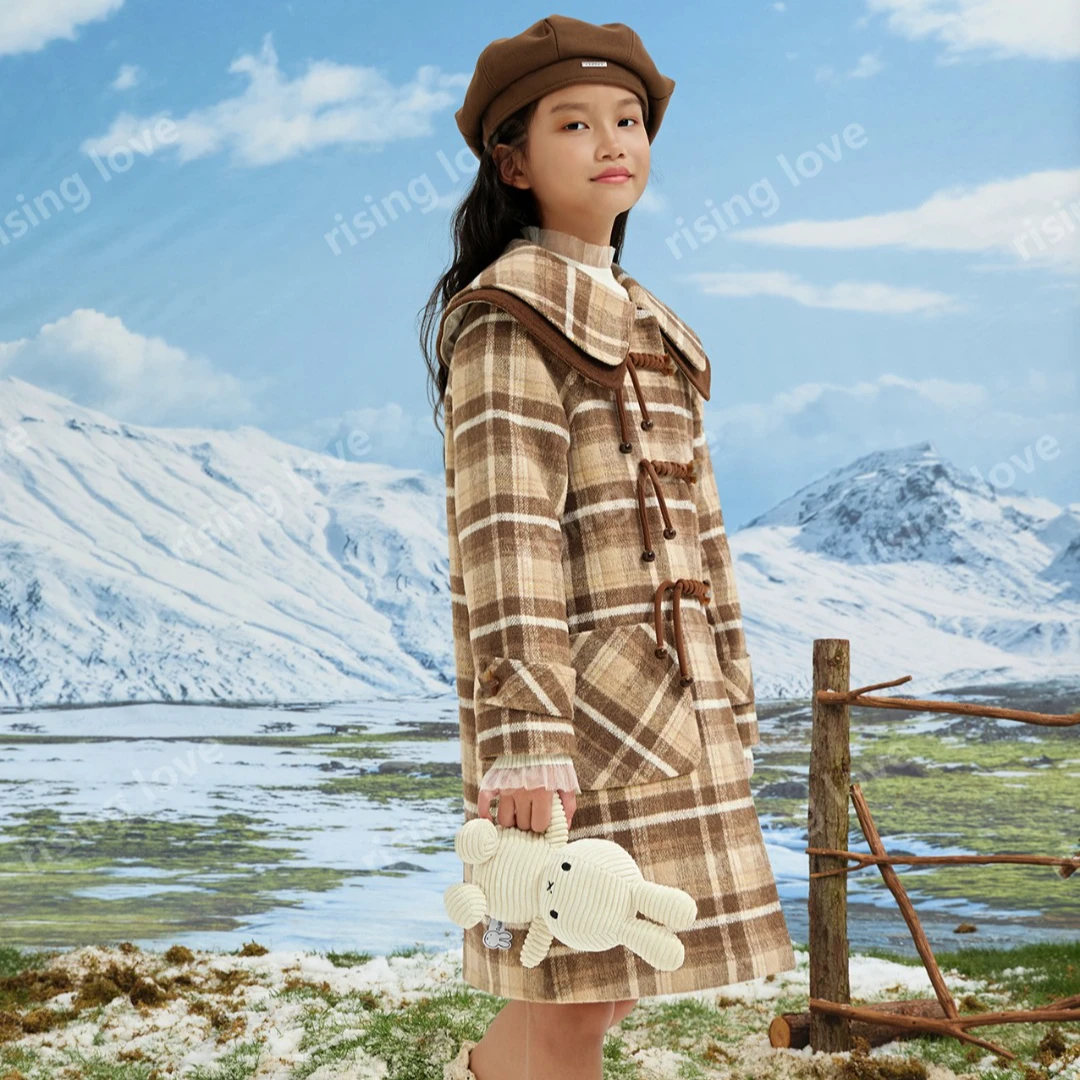 女童格子双层领夹棉加厚呢子大衣2025冬新款洋气精品毛呢外套