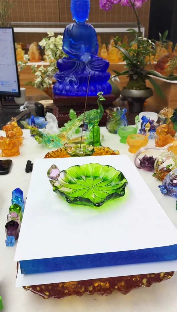 手工艺品琉璃绿色荷花杯碟14公分