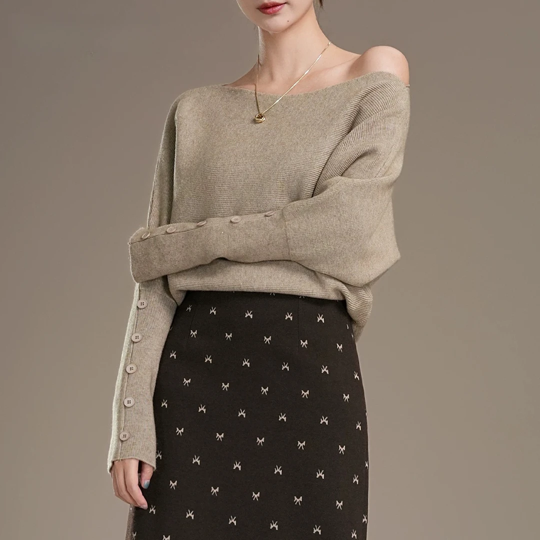 法式斜肩毛衣女慵懒高级感2025秋冬季一字领宽松套头针织衫