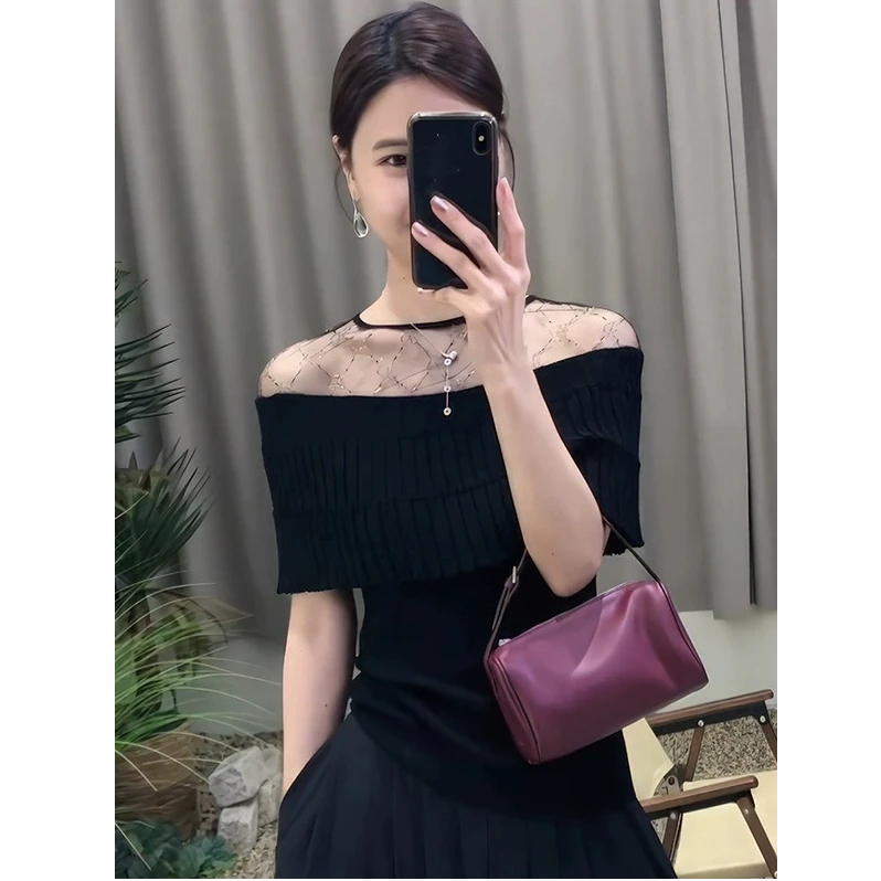 韩版时尚拼接蕾丝圆领温柔风小众短袖上衣高级感气质修身针织上衣