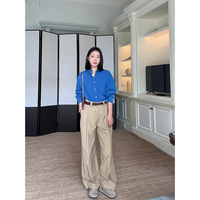 郭九九呢 100棉克莱因蓝简约宽松衬衫显瘦直筒阔腿裤 G923C05927