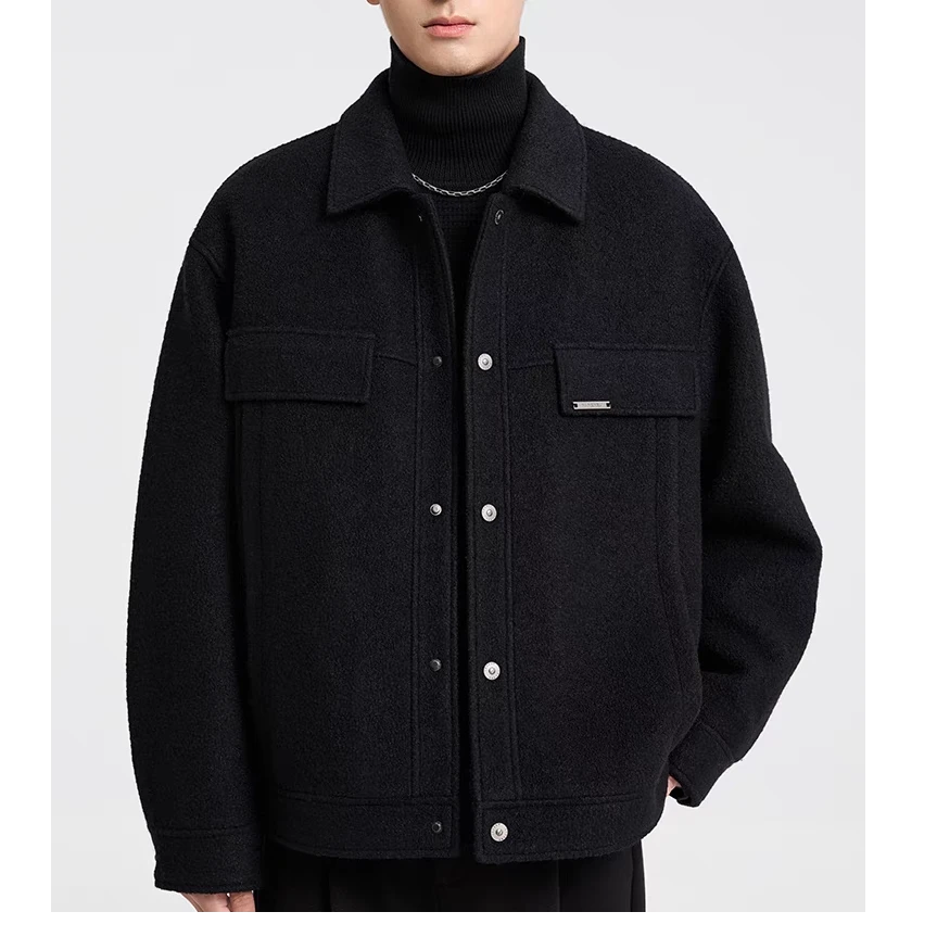 男士羊毛翻领毛呢外套秋季新款口袋设计感宽松呢子短款夹克9337