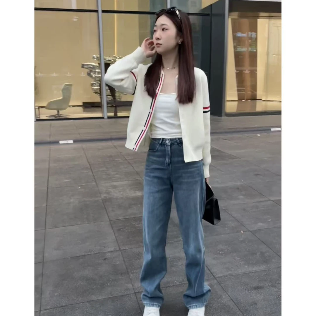 【暇姐专属】600G设计感双袖撞色条纹立领针织开衫女气质上衣短