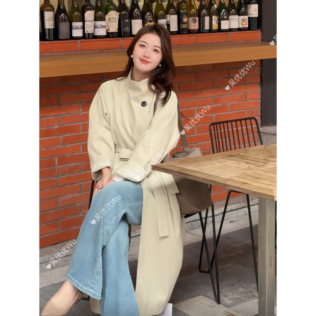 【优优专属】春新款小个子英伦风宽松廓形外套立领中长款风衣女