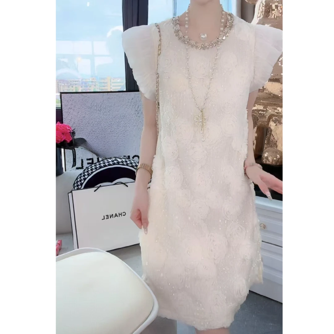 【薇恩COCO】女装连衣裙重工蕾丝刺绣花朵休闲百搭夏短袖裙K4653