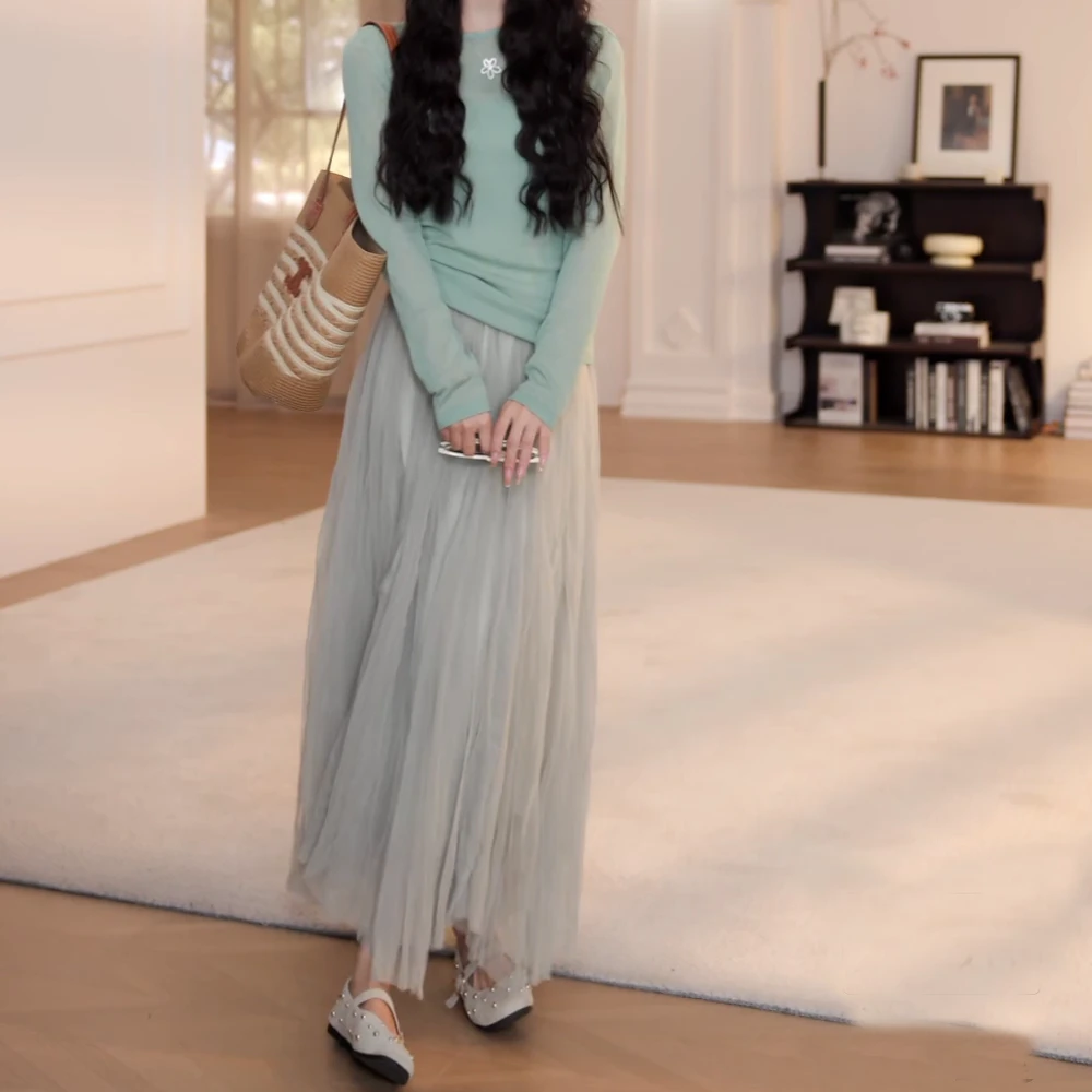 薄荷曼波绿套装女2025夏季新款小清新长袖罩衫网纱半身裙两件套