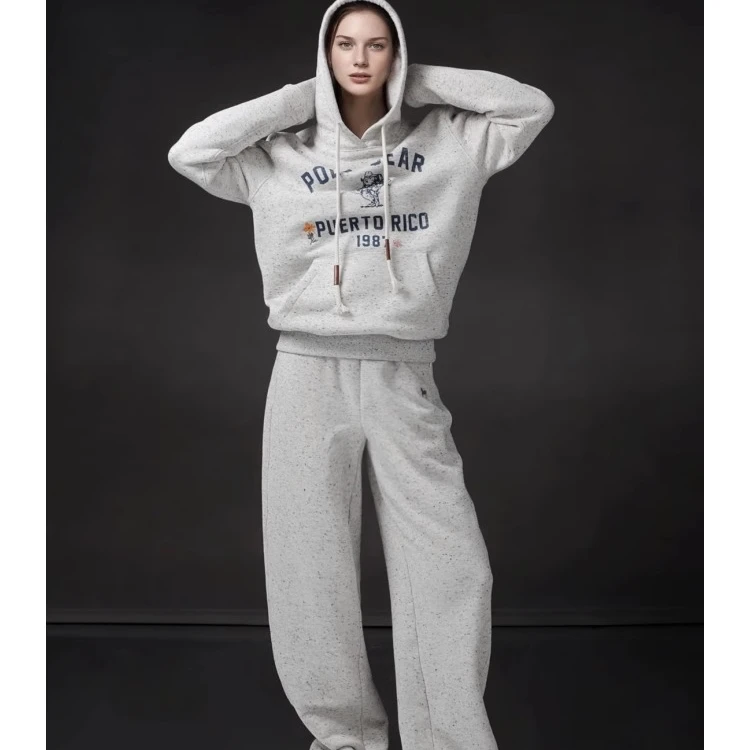 臻一-芝麻灰休闲字母连帽卫衣外套女松紧腰卫裤套装PI24W124