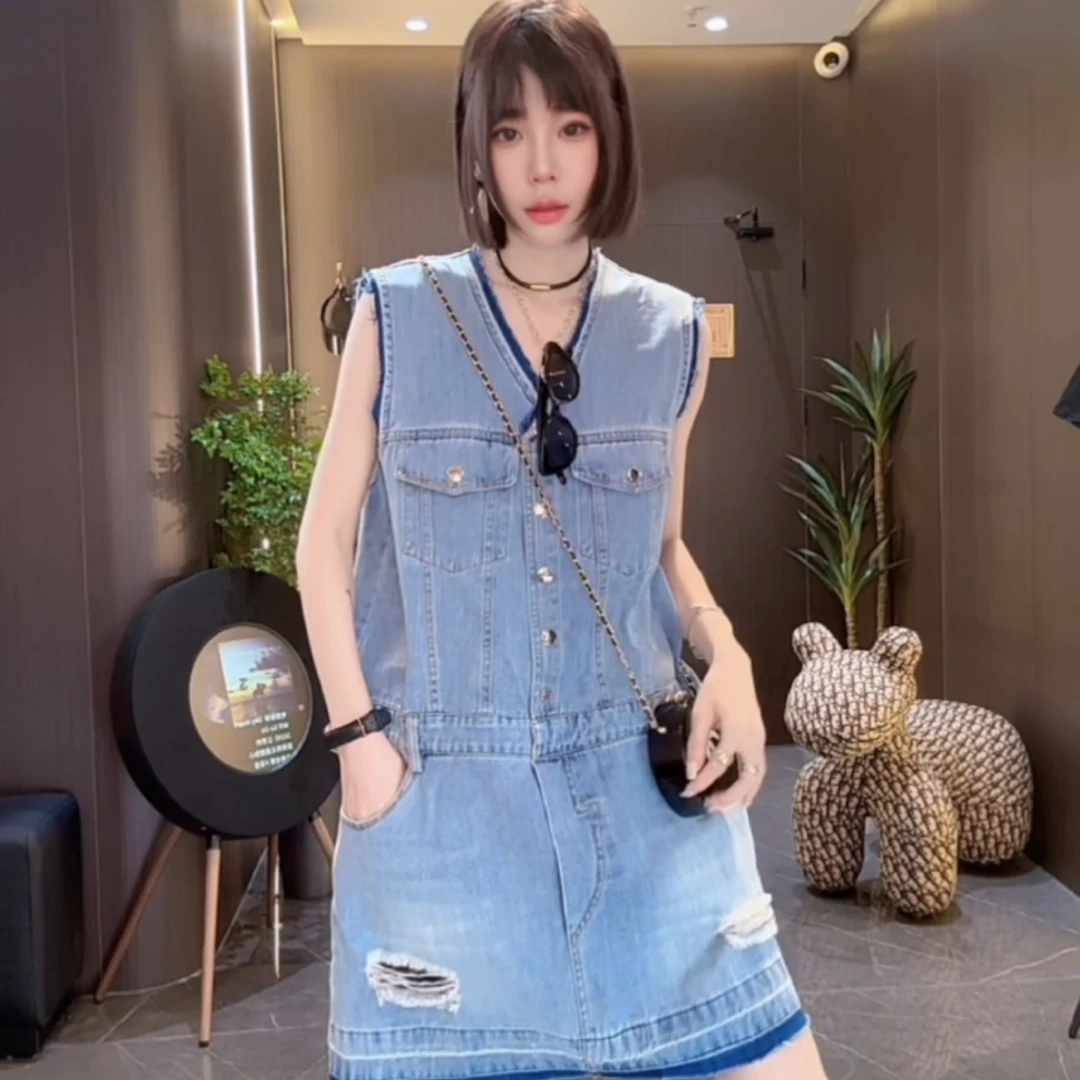 MMD欧洲站夏季新款时尚V领无袖收腰显瘦牛仔连衣裙女A373