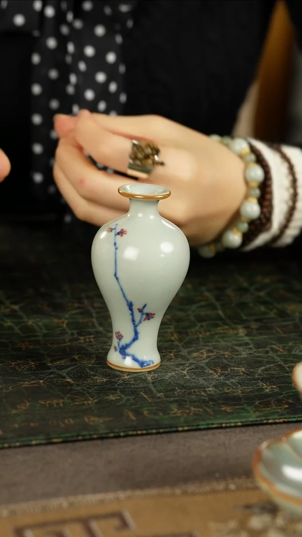 善窑厂汝窑天青手绘小花插
