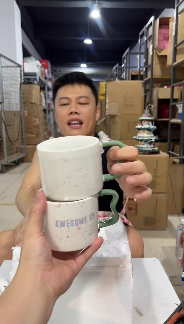 瓷片白色祝福咖啡杯2件套微瑕