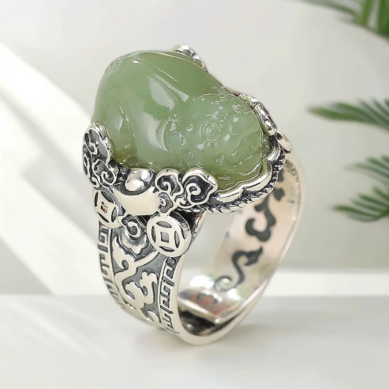 老银坊 和田玉戒指聚宝盆貔貅足银 多样性发货 发其一 00312597