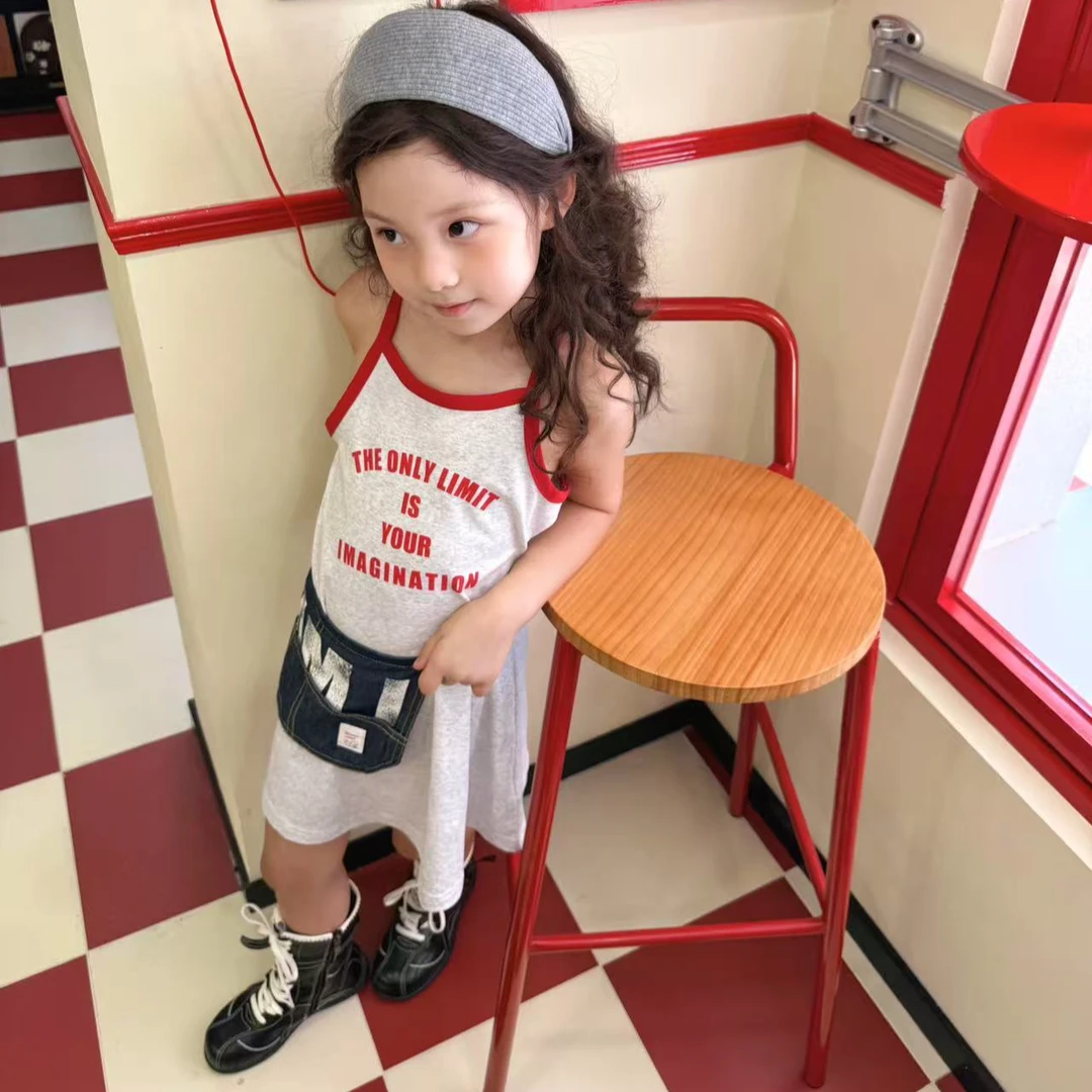 壹妈韩版童装女童夏装连衣裙新款时尚裙字母夏无袖洋气吊带连衣裙