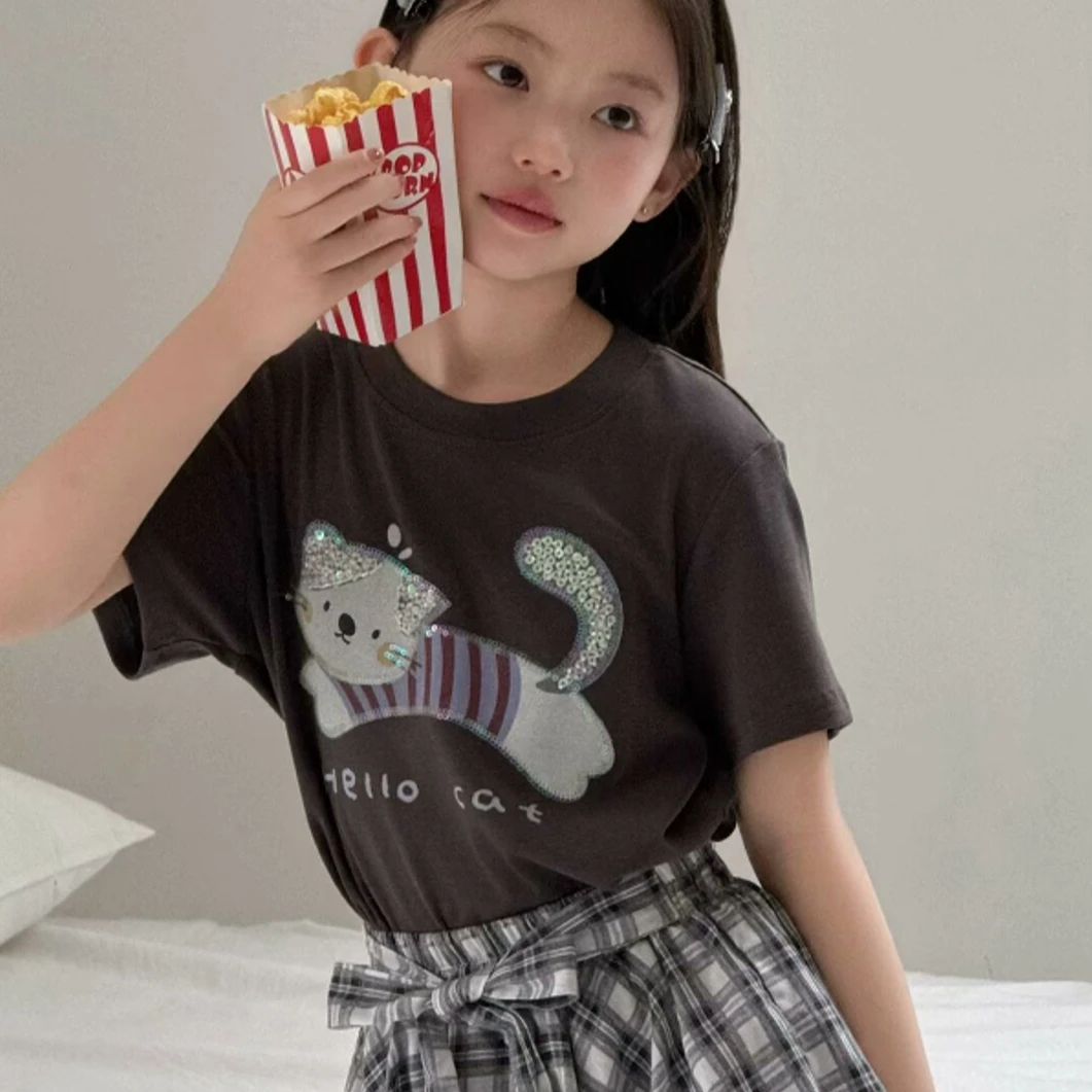 【豪宝贝】2025夏款彩片条纹小猫可爱T恤3007