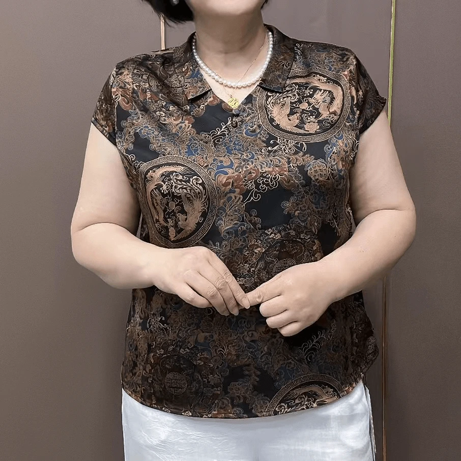 2025夏季中老年新款复古短袖T恤女时尚遮肉宽松百搭大码妈妈上衣