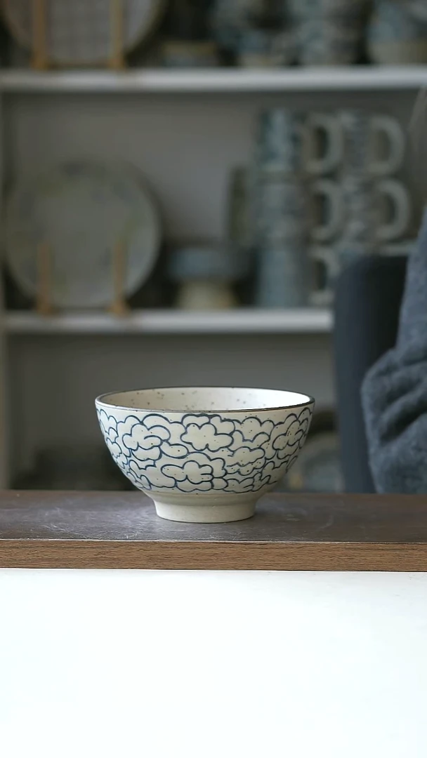 陶粗陶手绘云朵米饭碗12cm@4-2@