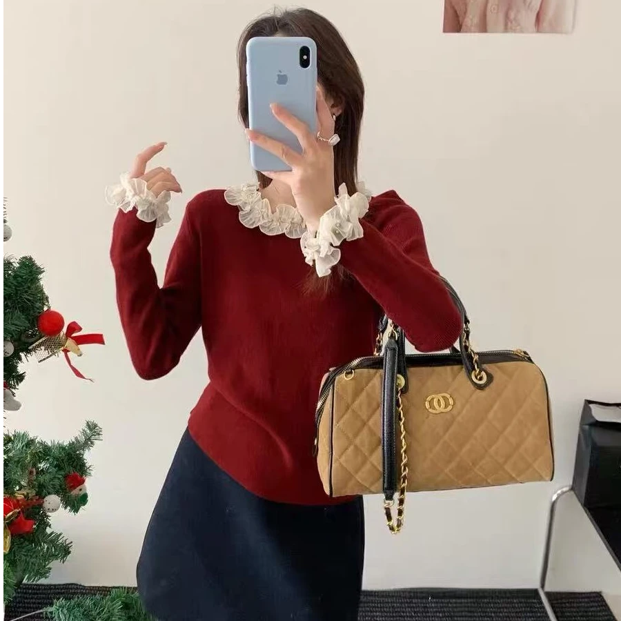 温柔风减龄钉珠花边拼接毛衣女秋冬季法式修身打底针织衫内搭上衣