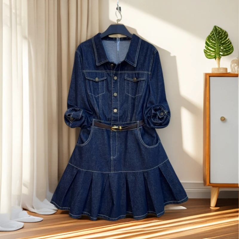 胖MM韩版减龄百褶裙摆POLO领休闲裙早秋大码收腰显瘦时尚连衣裙女