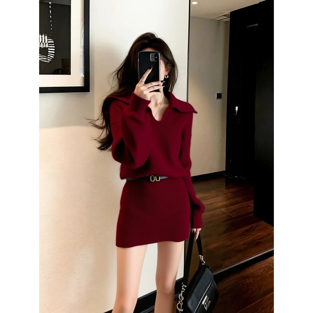 冬季御姐感圣诞新年红色针织连衣裙配大衣内搭特别漂亮掐腰小裙子