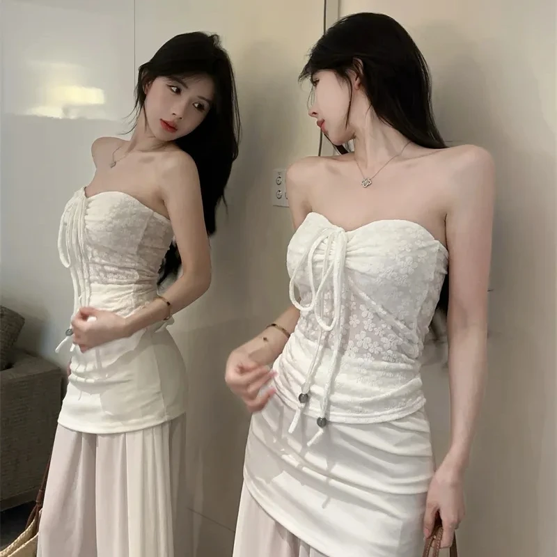 夏季新款纯欲碎花挂脖抹胸背心上衣清冷感高腰包臀长款半身裙套装