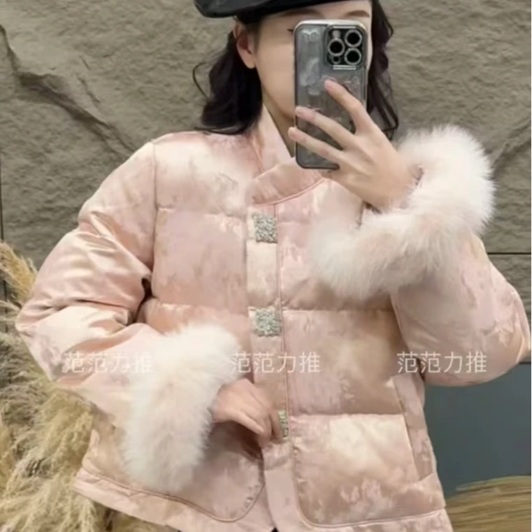 2024新款镶钻金扣重工浮雕暗纹提花复古国风棉服外套女