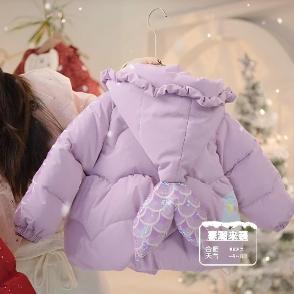 MOMOCO童装冬季儿童新款美人鱼女童加厚可爱保暖连帽外套