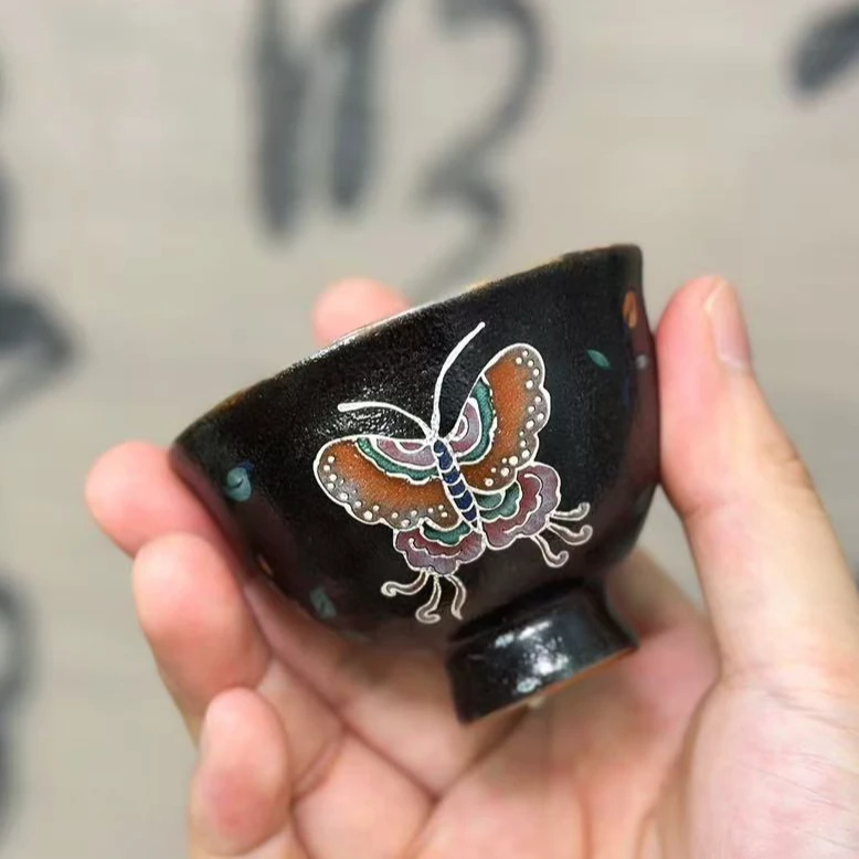 【小璟鹅】暗夜蝶舞-茶杯 黑釉志野烧蝶恋花陶瓷主人杯客杯女士50ml