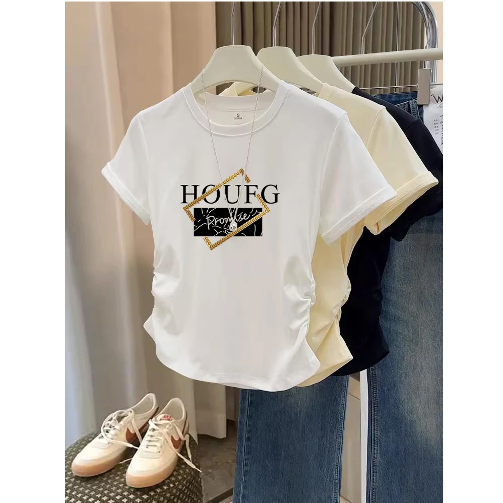 不规则褶皱圆领短袖t恤女夏季设计感修身短款小个子正肩体恤上衣