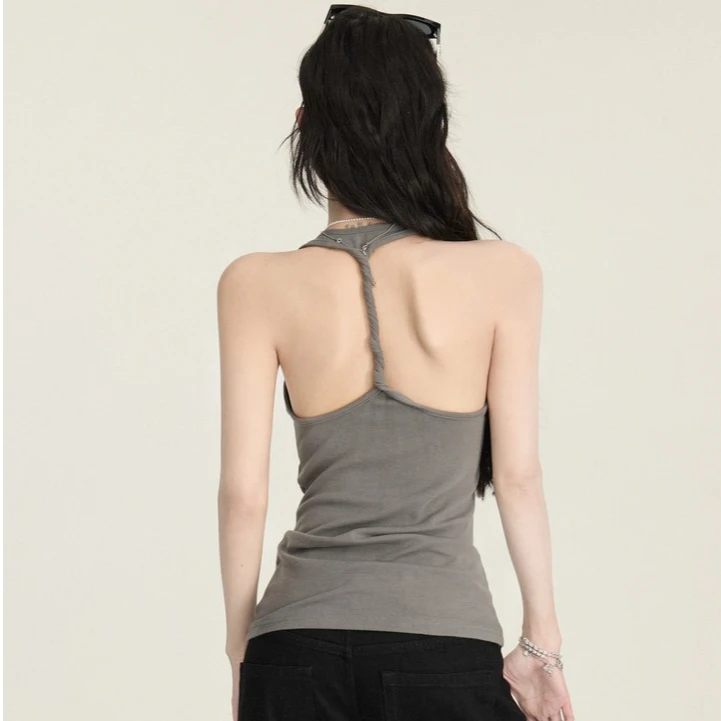 2025年春季后背扭花吊带背心女韩系薄款灰色无袖小众修身显瘦上衣