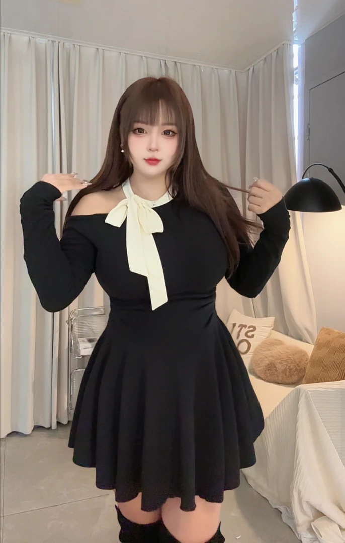 胖MM大码法式纯欲蝴蝶结加绒针织连衣裙气质露肩蓬蓬短裙新年战袍