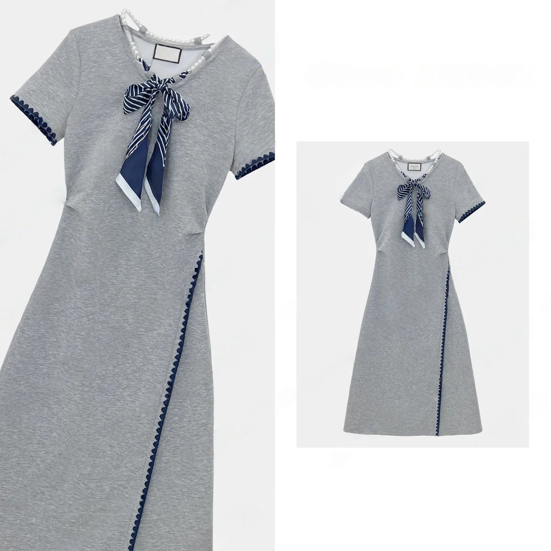 新款高级感气质时尚女装拼接重工钉珠蝴蝶结显瘦高定连衣裙