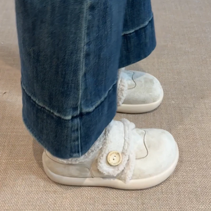 复古风加绒厚底魔术贴勃肯毛毛鞋女2025秋冬新款保暖舒适浅口单鞋