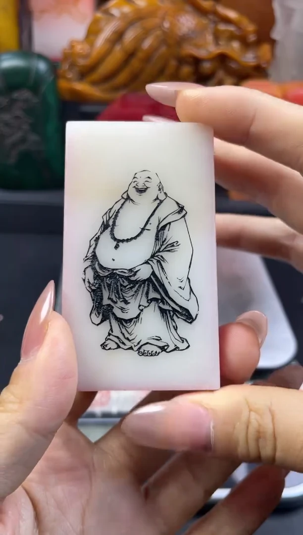 寿山石印石白芙蓉笑口常开弥勒多面印-永受嘉福