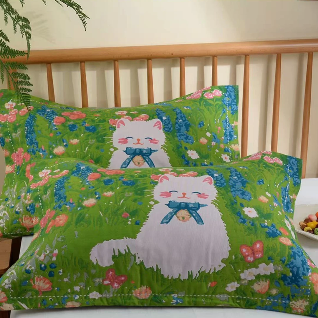 纯棉加厚纱布提花枕套一对装纽扣款防滑枕头套枕芯套