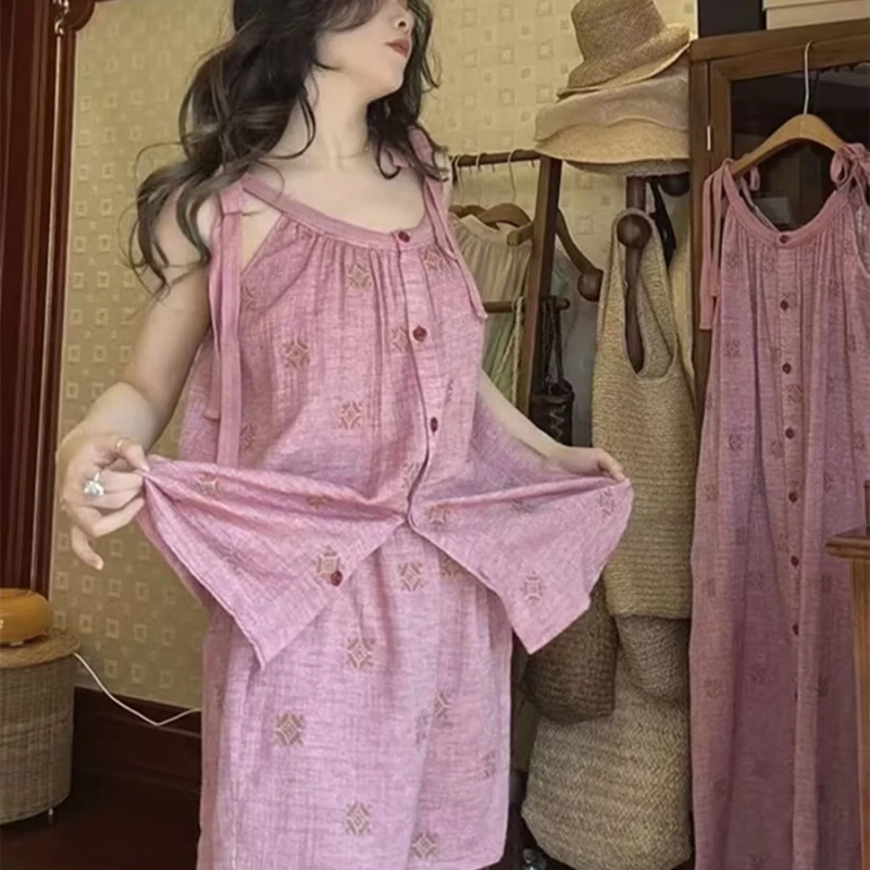 复古国风睡衣女夏季吊带短裤薄款背心纯欲少女粉色外穿家居服套装
