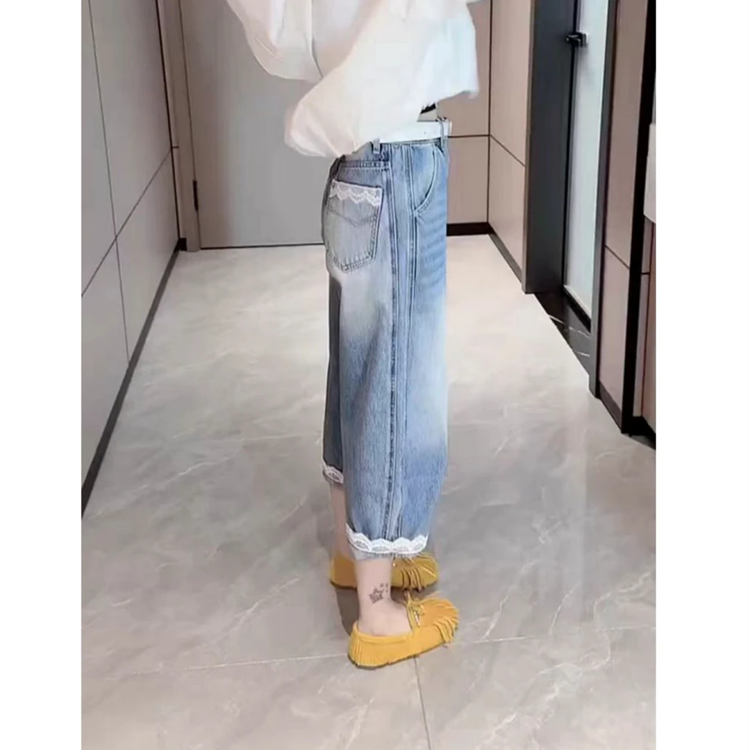 [柚子同款]JS春夏高腰蕾丝拼接牛仔裤宽直筒八分裤7137