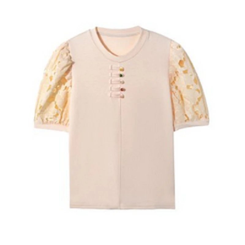F8001  镂空提花泡泡袖五彩盘扣圆领休闲T恤