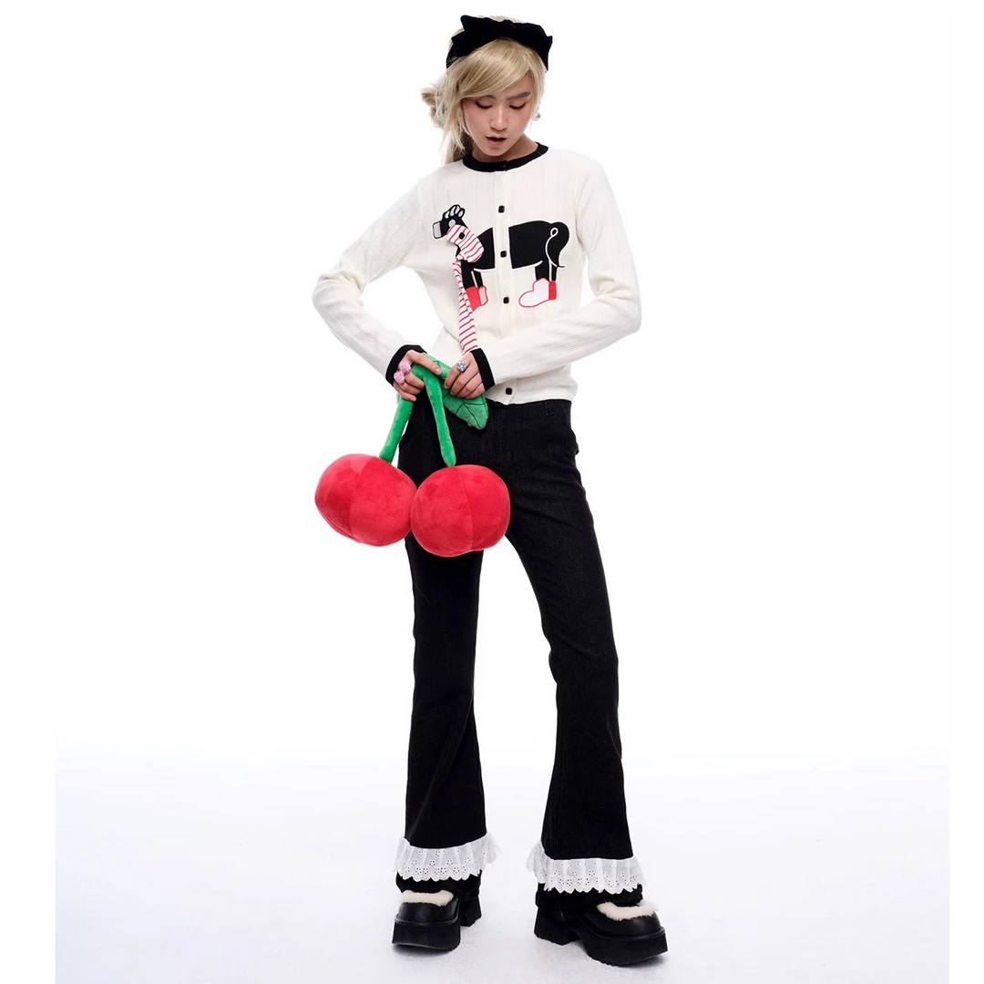 MOF少女百货 蕾丝花边牛仔喇叭裤黑色白花边喇叭牛仔裤