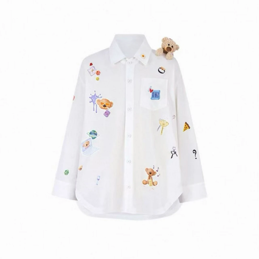 【D158】2025早秋新款贴画小熊衬衫休闲宽松翻领中长外套