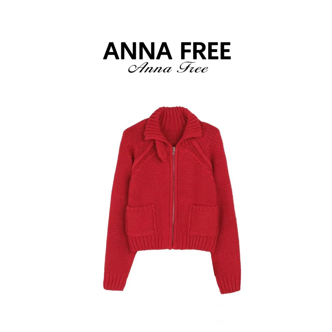 ANNA FREE【红毛衣】红色立领毛衣开衫时髦软糯显瘦上衣Z8426